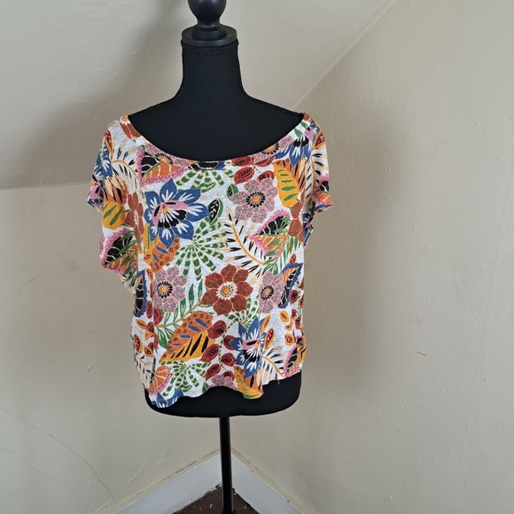 C & C California Linen Top Womens Pullover Semi Crop Floral Size L - Picture 1 of 10